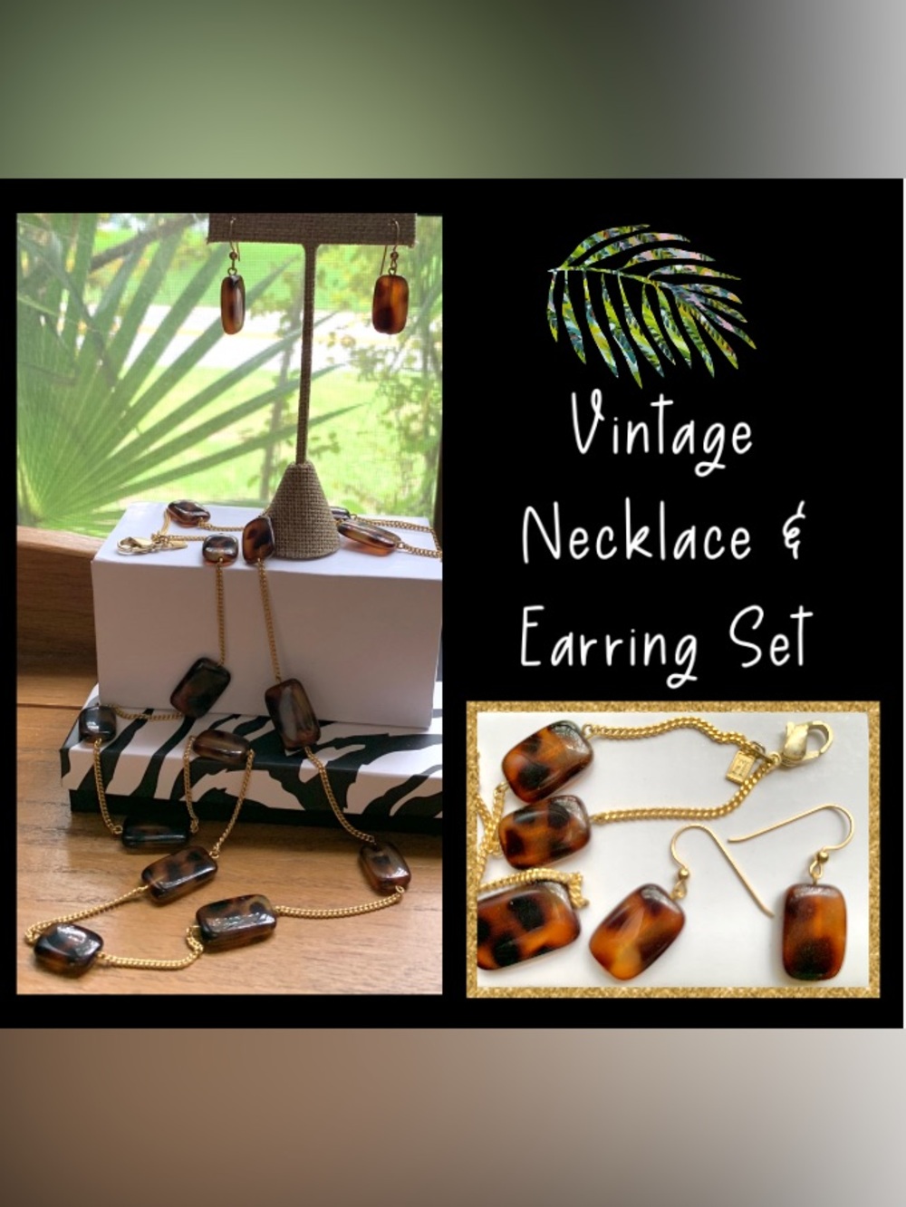 Tortoiseshell Resin Necklace & Drop Earring Set - Gold Chain